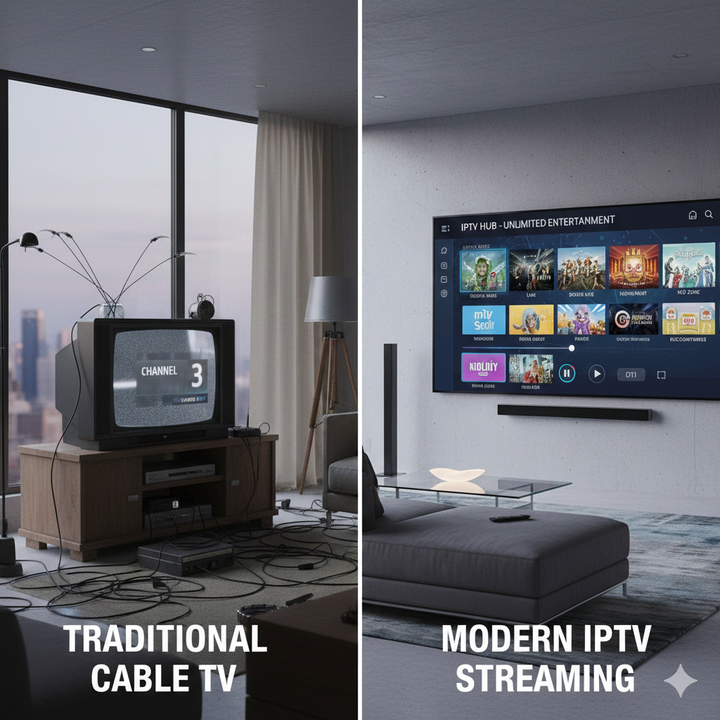 Split-screen image showing a traditional cable TV setup with limited channels on one side and a smart TV with an IPTV interface offering a wide variety of channels and on-demand content on the other side