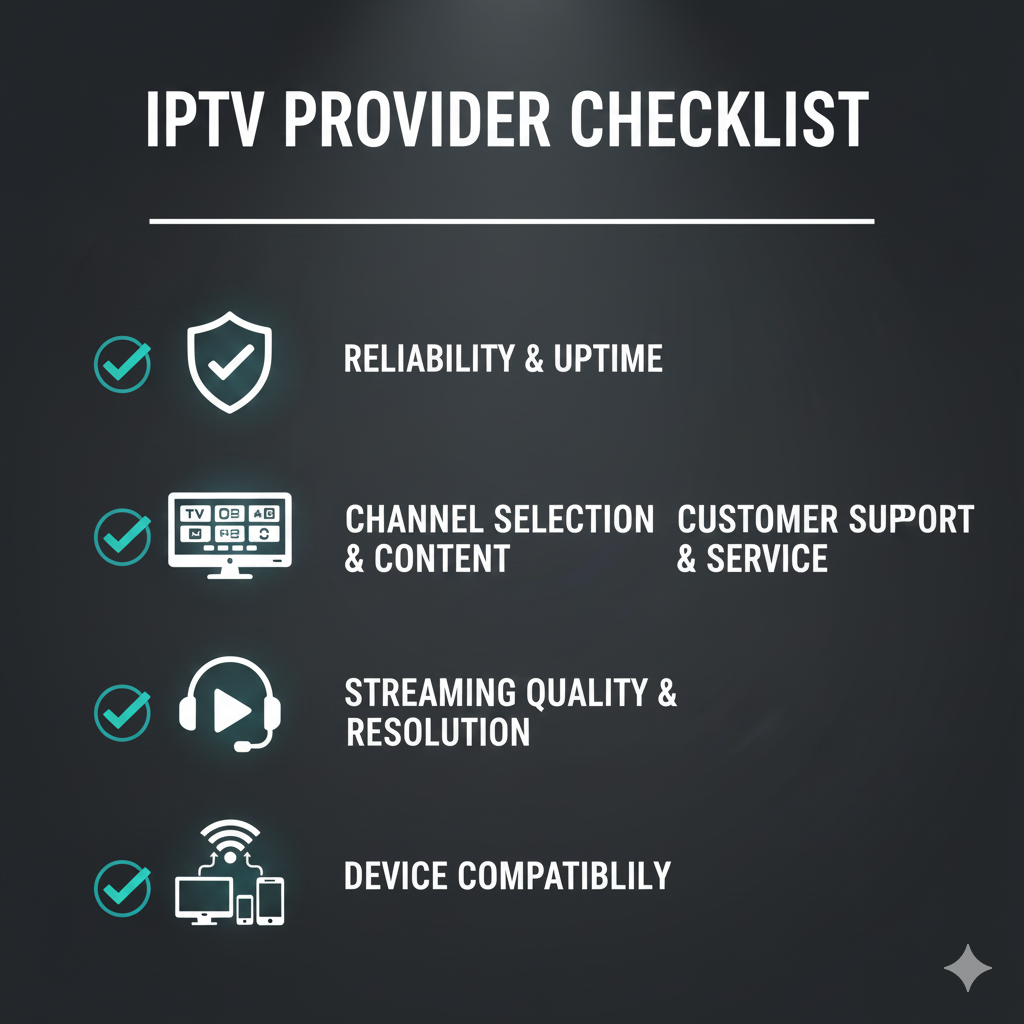  Checklist graphic with icons representing key factors to consider when choosing an IPTV provider: reliability, channel selection, customer support, streaming quality, and compatibility