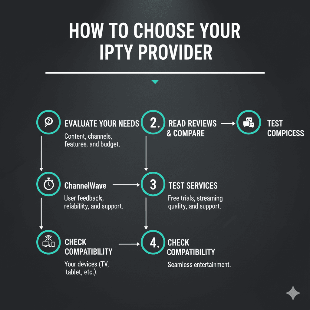 Step-by-step infographic illustrating the process of selecting the right IPTV provider, including evaluating needs, reading reviews, testing services, and checking compatibility