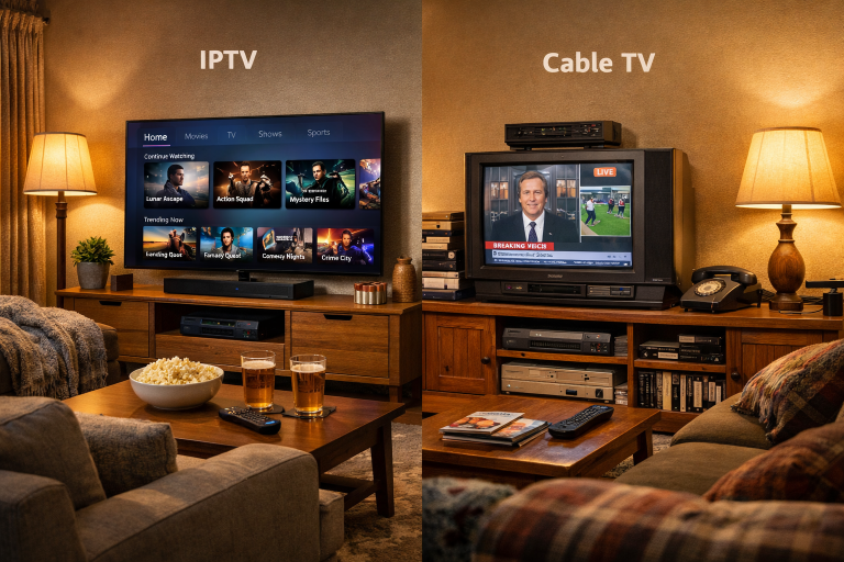 IPTV vs Cable TV comparison showing streaming and traditional setups