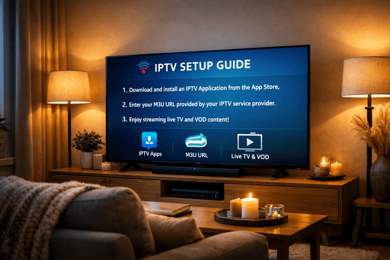 Smart TV displaying IPTV setup instructions, featuring Samsung, LG, Sony models.